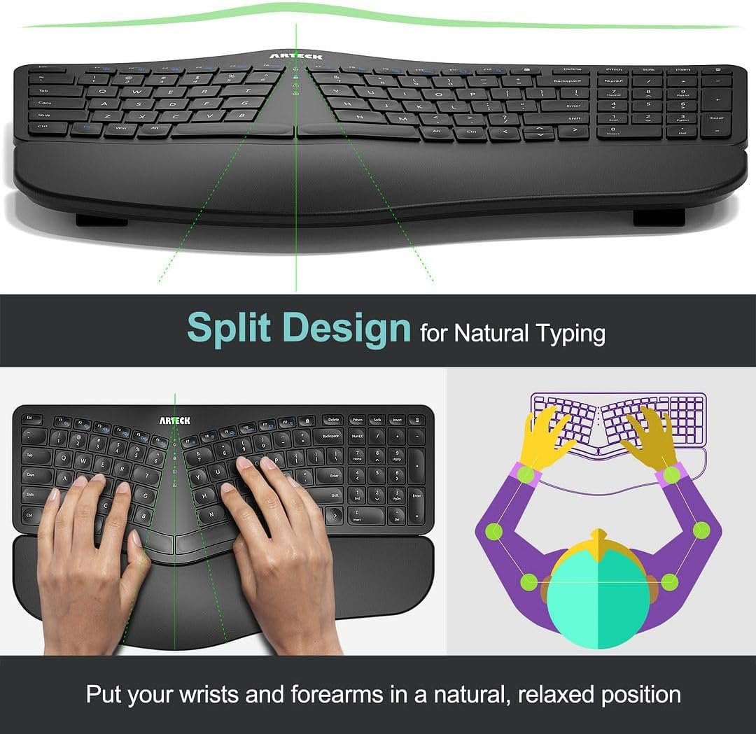 Arteck Split Ergonomic Keyboard with Palm Rest, 2.4G USB Wireless Keyboard - Image 2