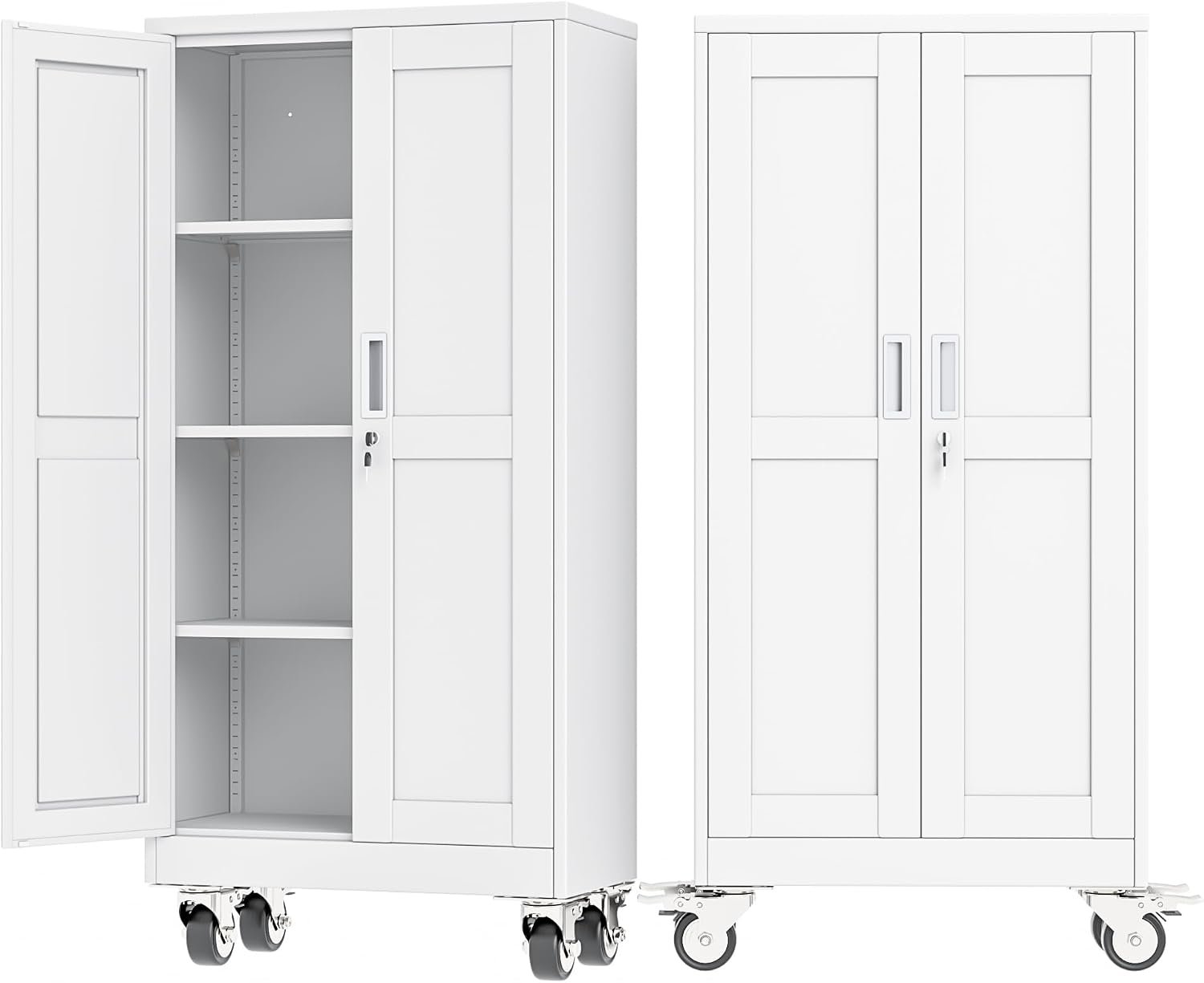 Ckzbx Metal Garage Storage Cabinet with Locking Doors and Adjustable Shelves,61" H Rolling Tool Storage with Wheels for Garage,Office (White)