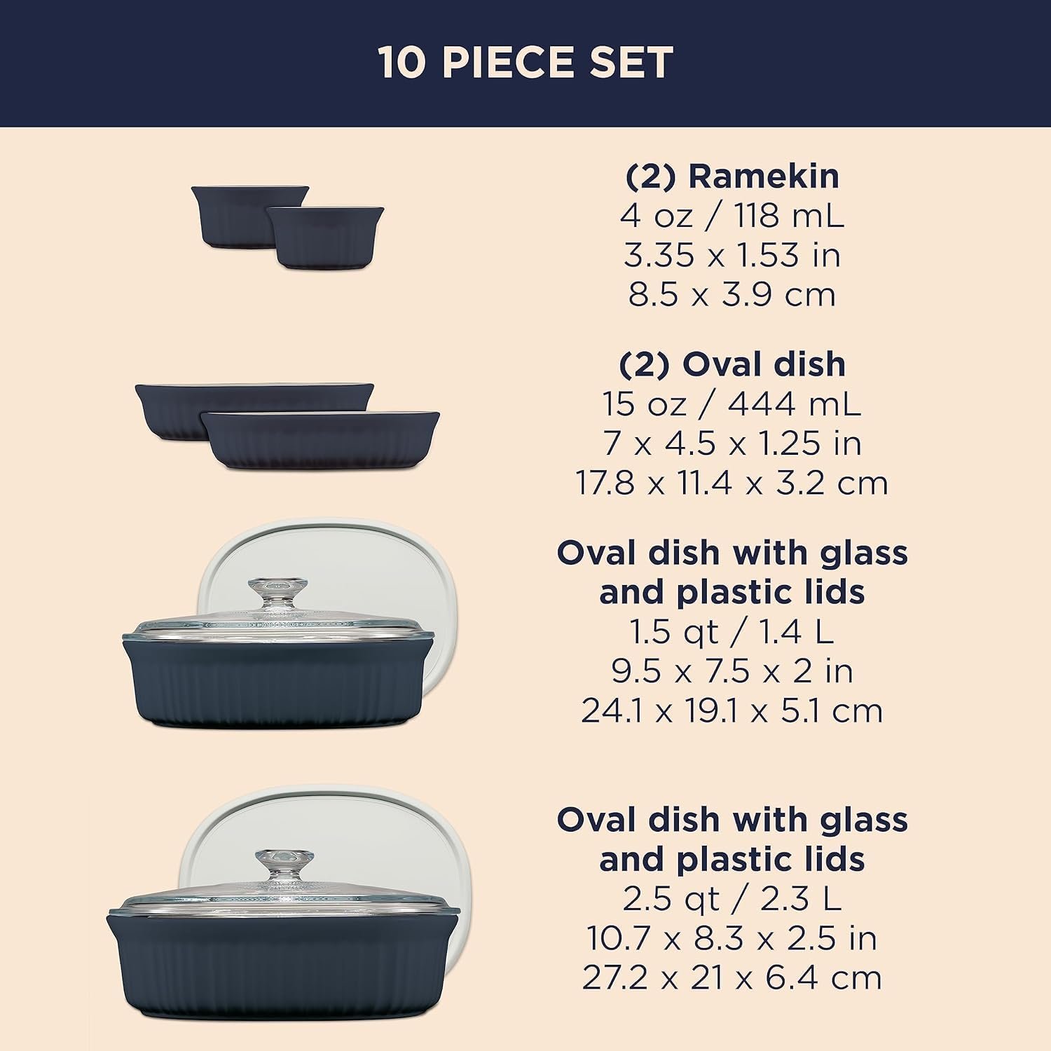 CorningWare Ceramic Bakeware Set with Lids Chip and Crack Resistant Stoneware Baking Dish, Microwave, Dishwasher, Oven, Freezer and Fridge Safe, 10-Piece French Navy - Image 2