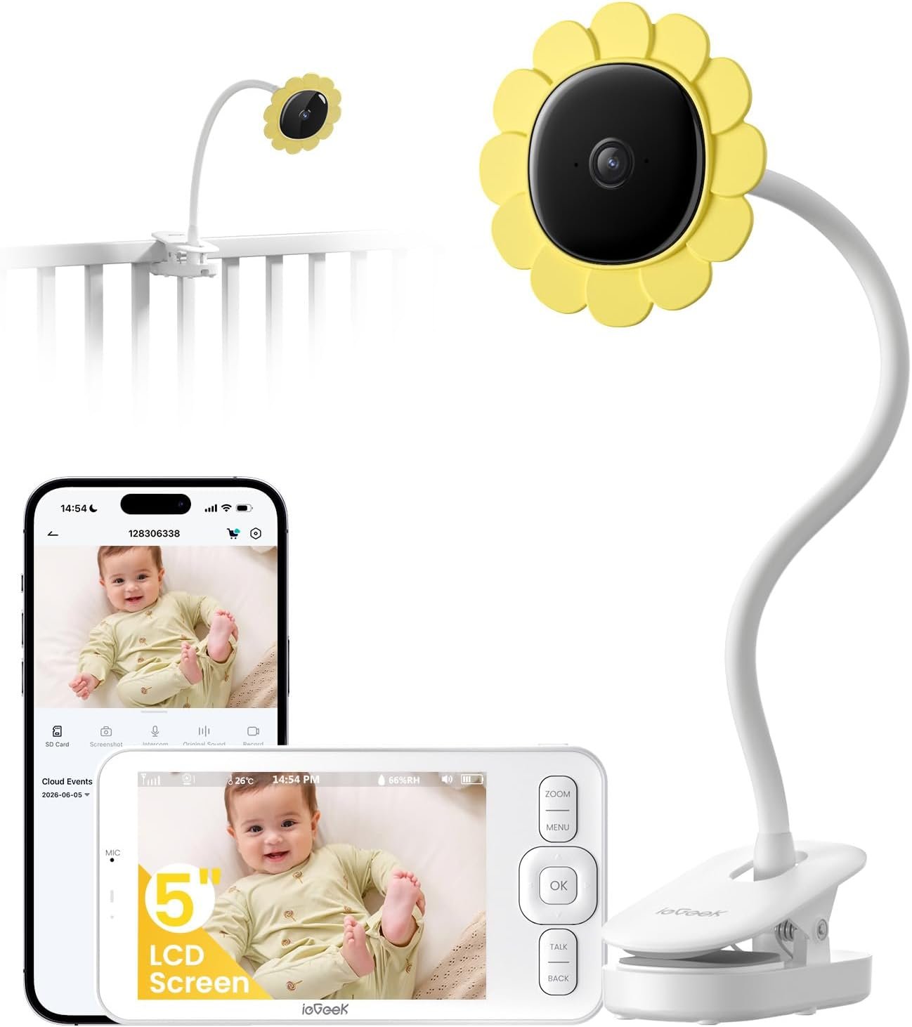 ieGeek Baby Monitor with Camera and Audio,No WiFi 5”Screen&2.4G WiFi App