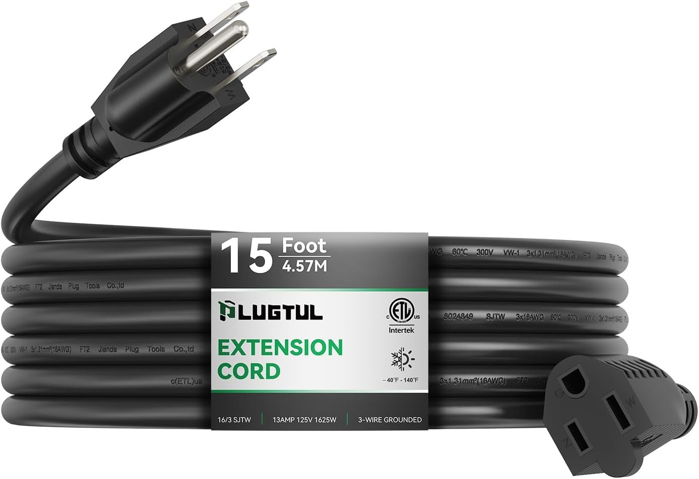 PLUGTUL Outdoor Extension Cord 15 FT | 16/3 Gauge Black Heavy Duty 3 Prong Extension Cord, 13A 1625W SJTW, ETL Listed, Great for Garden and Home