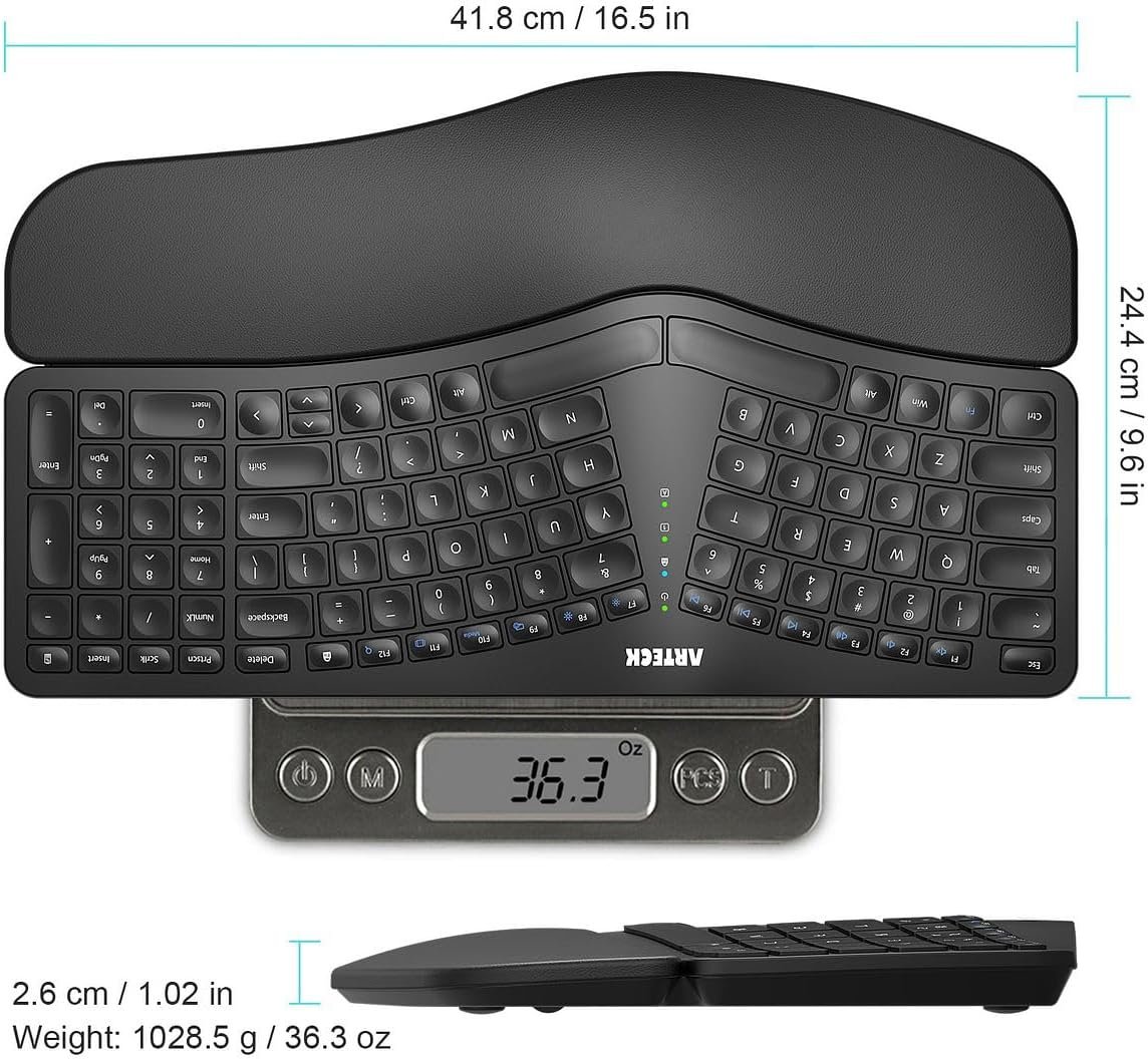 Arteck Split Ergonomic Keyboard with Palm Rest, 2.4G USB Wireless Keyboard - Image 6