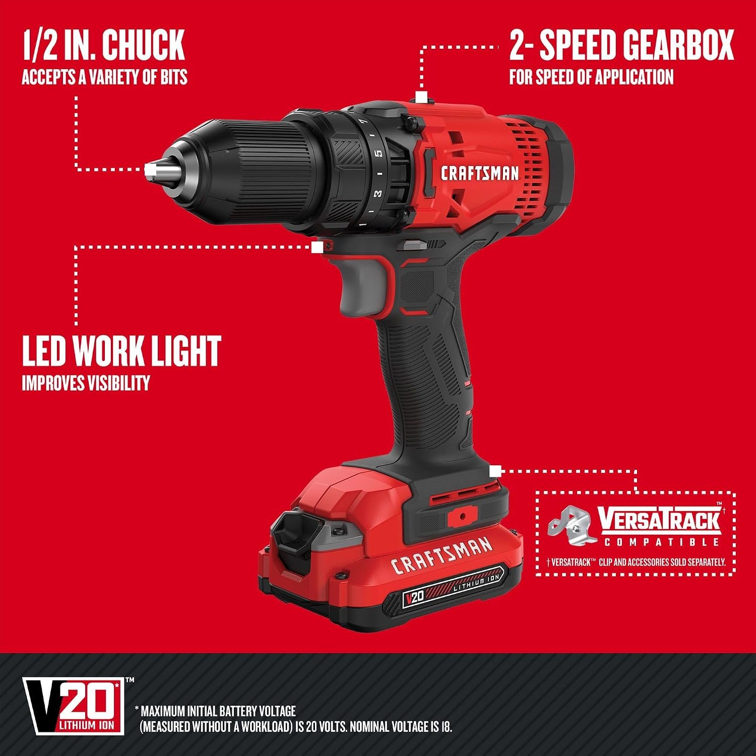 CRAFTSMAN V20 MAX Cordless Drill Driver and Impact Driver Set, Power Tool Set with 2 Batteries and Charger, LED Work Light, 2 Bits, Bag (CMCK200C2) - Image 3