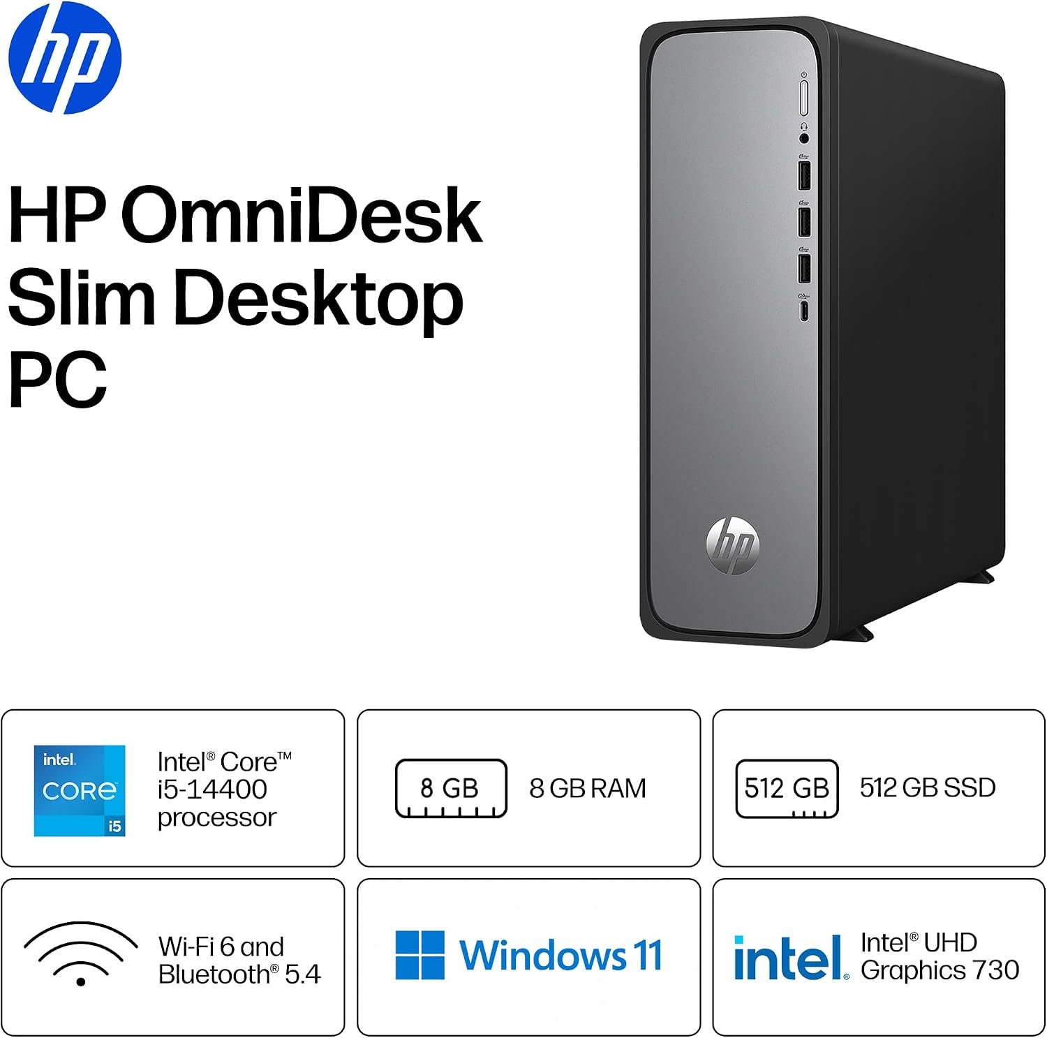 HP OmniDesk Slim Desktop PC, Intel Core i5-14400, 8 GB RAM, 512 GB SSD, Intel UHD Graphics 730, Windows 11 Home, Microsoft Copilot, Meteor Silver, S03-0012 (2026) - Image 2