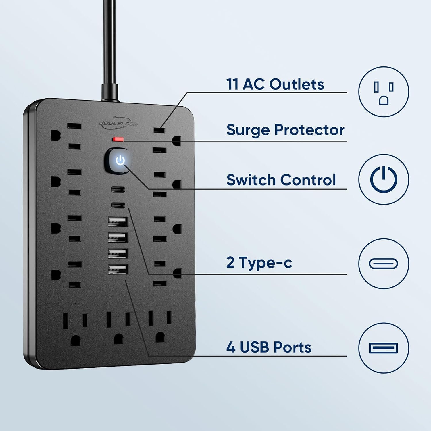 6 FT Flat Plug Surge Protector Power Strip,11 AC Outlets with 6 USB Ports - Image 3