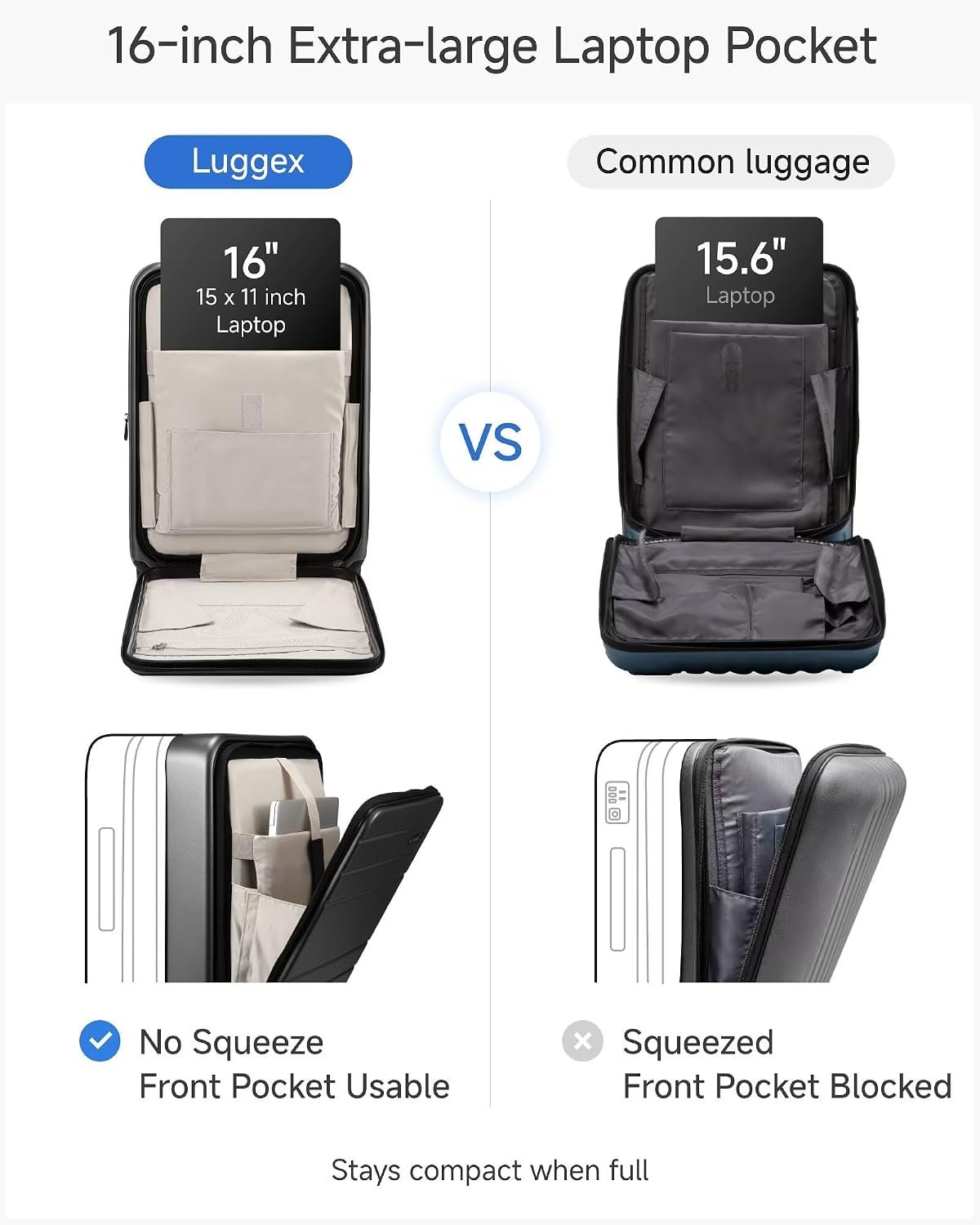 LUGGEX Front Pocket Expandable Carry On Luggage, Black, 20" - Image 3