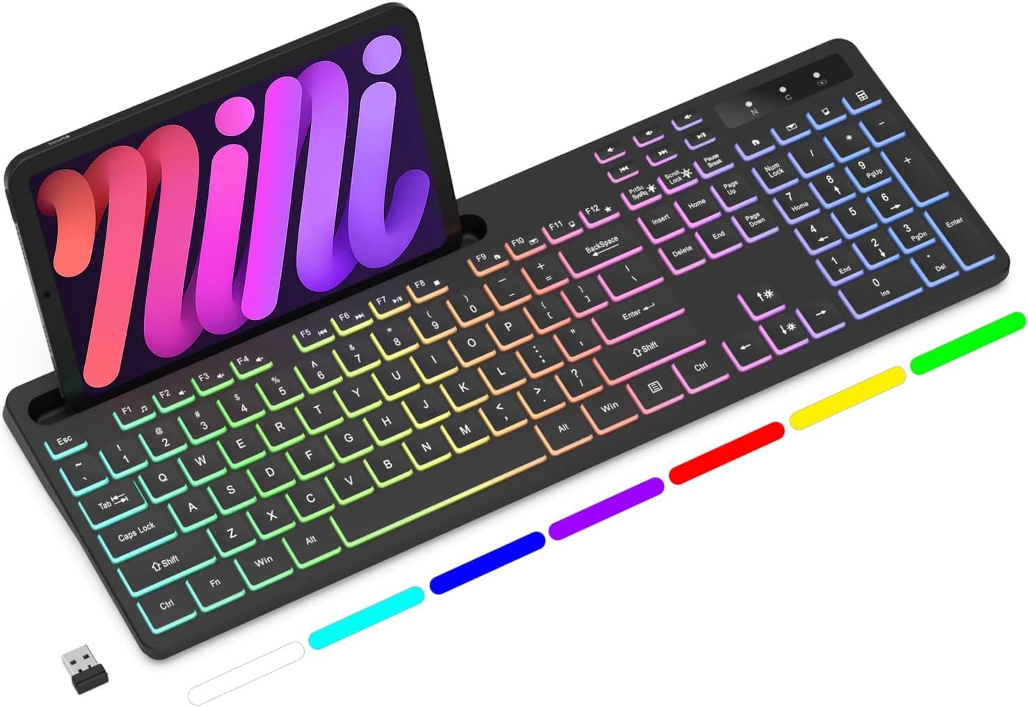 Soueto Wireless Keyboard with RGB Backlit, Phone Holder for Mac/PC, Black