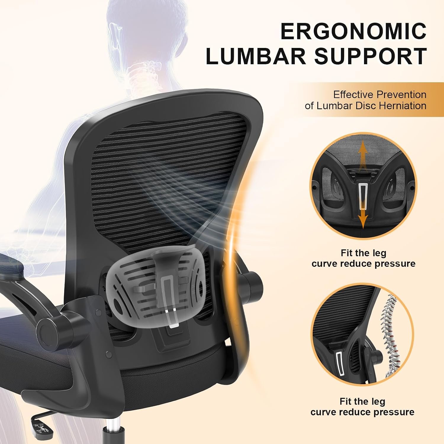 Office Chair, Ergonomic Desk Chairs 330LBS Capacity High Back Mesh Computer Chair with Flip-up Armrests, Comfy Work Chair with Adjustable Lumbar Support, Rolling Chair - Image 9