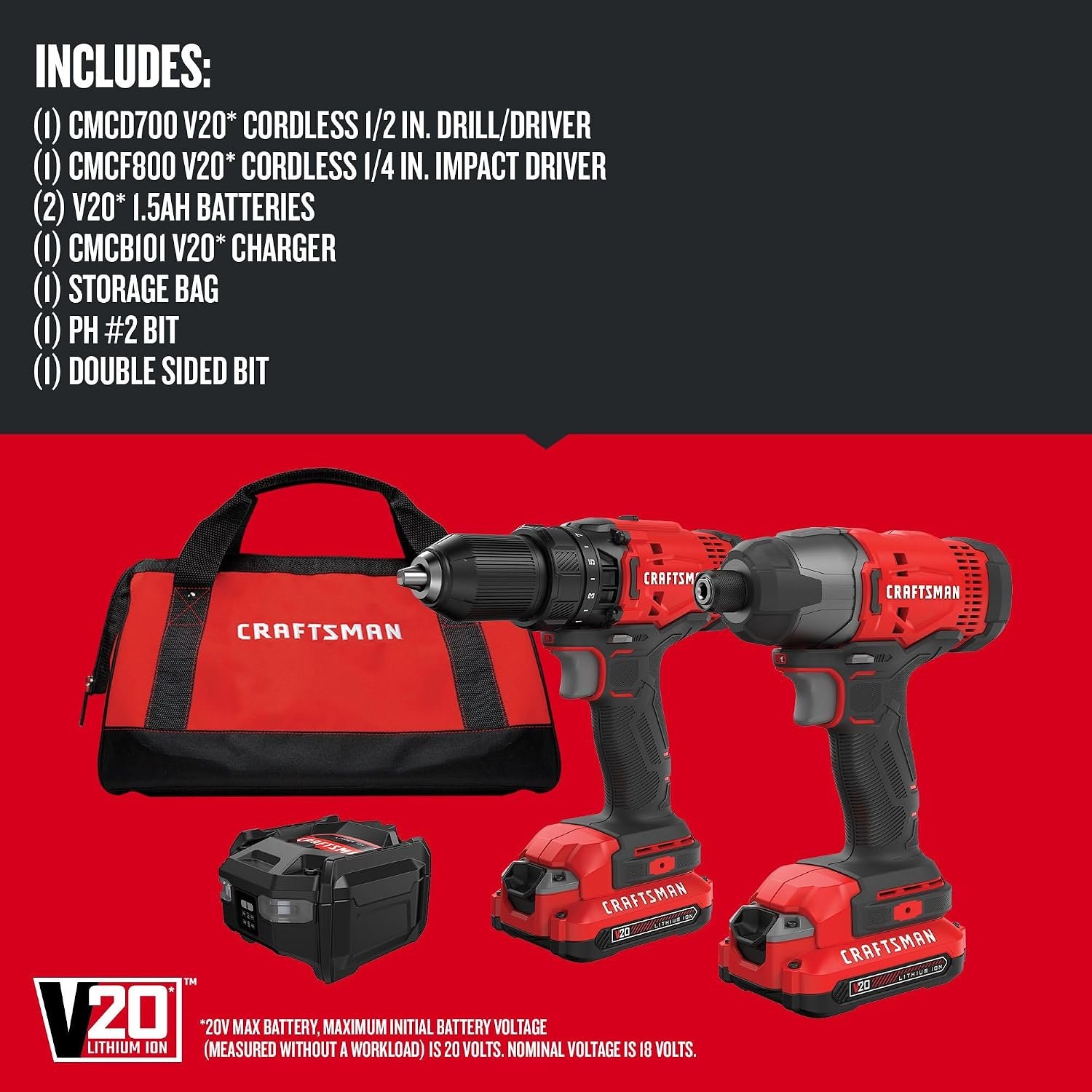 CRAFTSMAN V20 MAX Cordless Drill Driver and Impact Driver Set, Power Tool Set with 2 Batteries and Charger, LED Work Light, 2 Bits, Bag (CMCK200C2) - Image 2