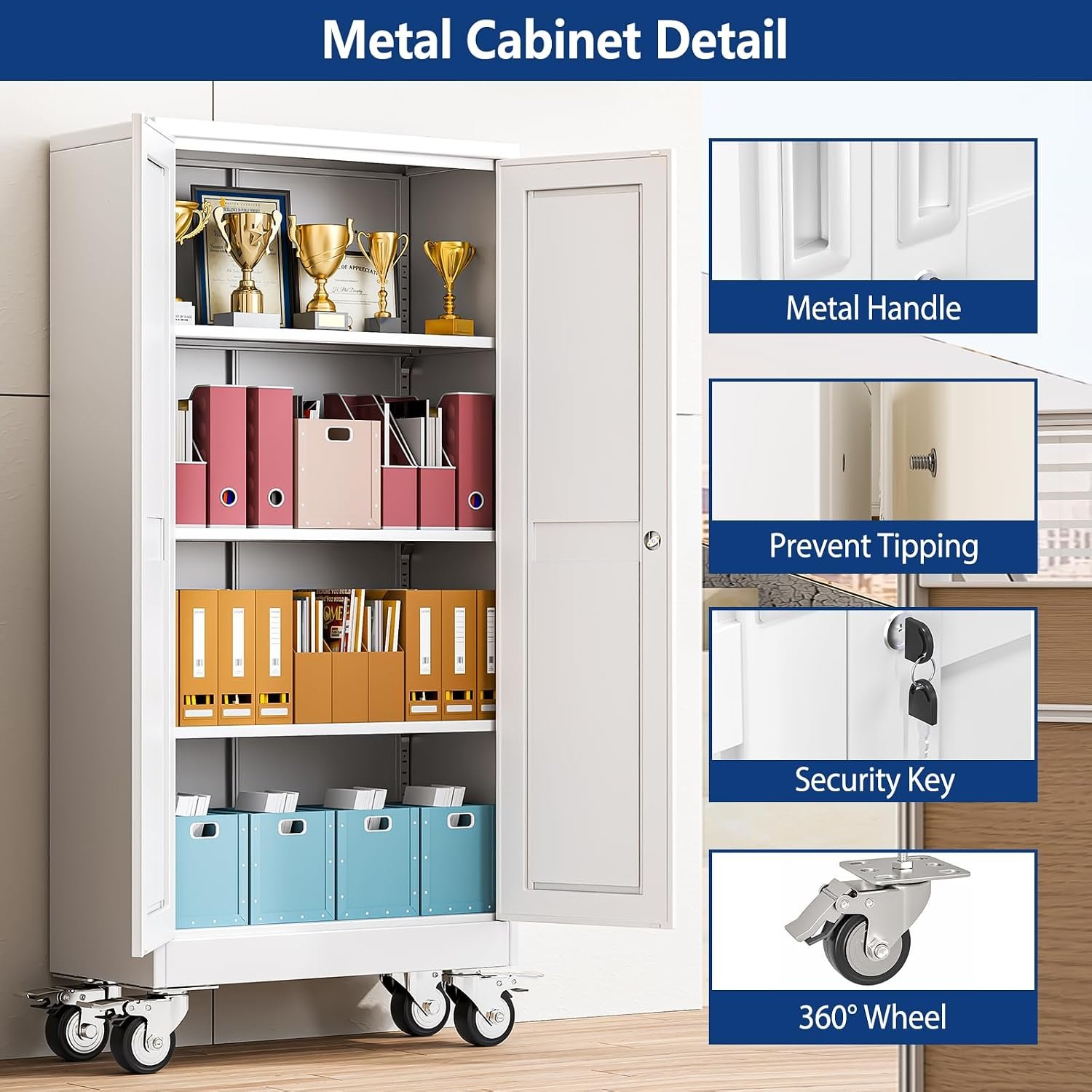 Ckzbx Metal Garage Storage Cabinet with Locking Doors and Adjustable Shelves,61" H Rolling Tool Storage with Wheels for Garage,Office (White) - Image 3