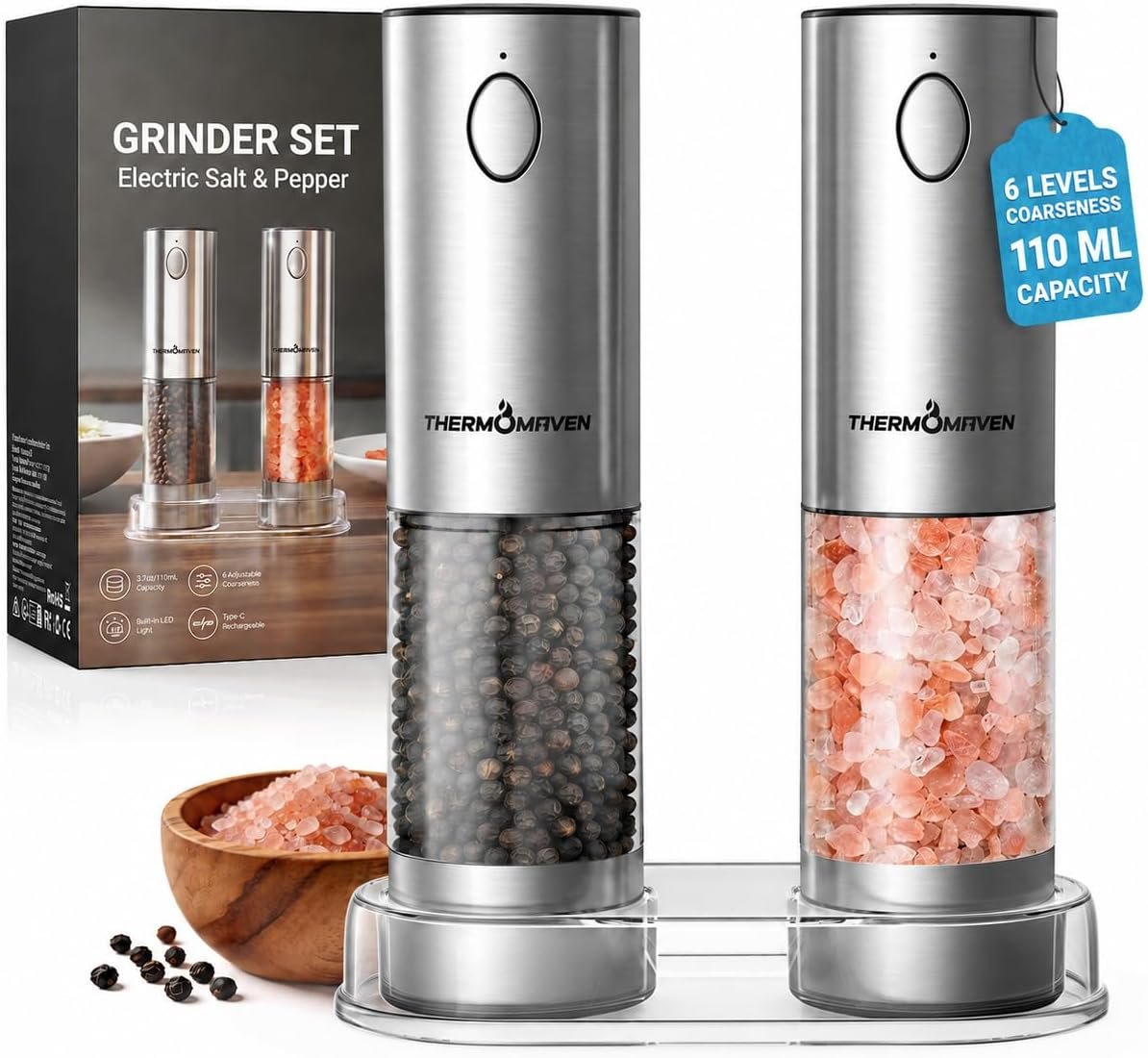 ThermoMaven Upgraded Larger Capacity Electric Salt and Pepper Grinder Set, 110ml Rechargeable Salt and Pepper Shaker with LED Light, Stainless Steel Automatic Pepper Mill with 6 Adjustable Coarseness