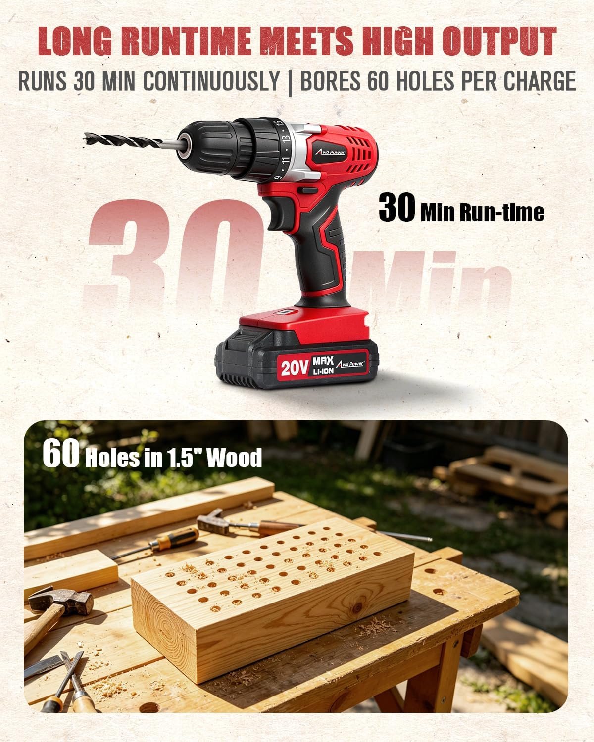 AVID POWER 20V Cordless Drill Set for Home DIY & Beginner Projects - Lightweight Power Drill with Battery Charger & 22 Bits, Variable Speed, 3/8" Keyless Chuck, Ideal for Furniture Assembly (Red) - Image 2