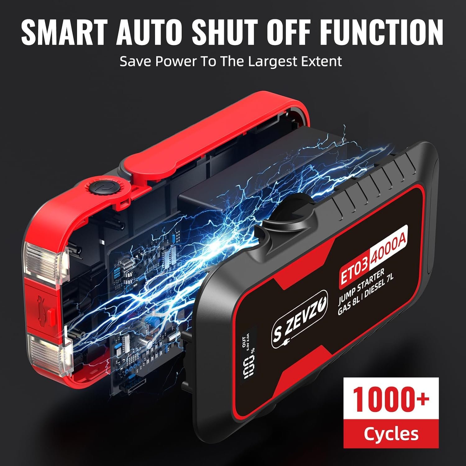S ZEVZO ET03 Car Jump Starter 4000A Jump Starter Battery Pack for Up to 8.0L Gas and 7.0L Diesel Engines, 74Wh Portable 12V Jump Box with USB Ports, LCD Display, Storage Case, and LED Light - Image 8
