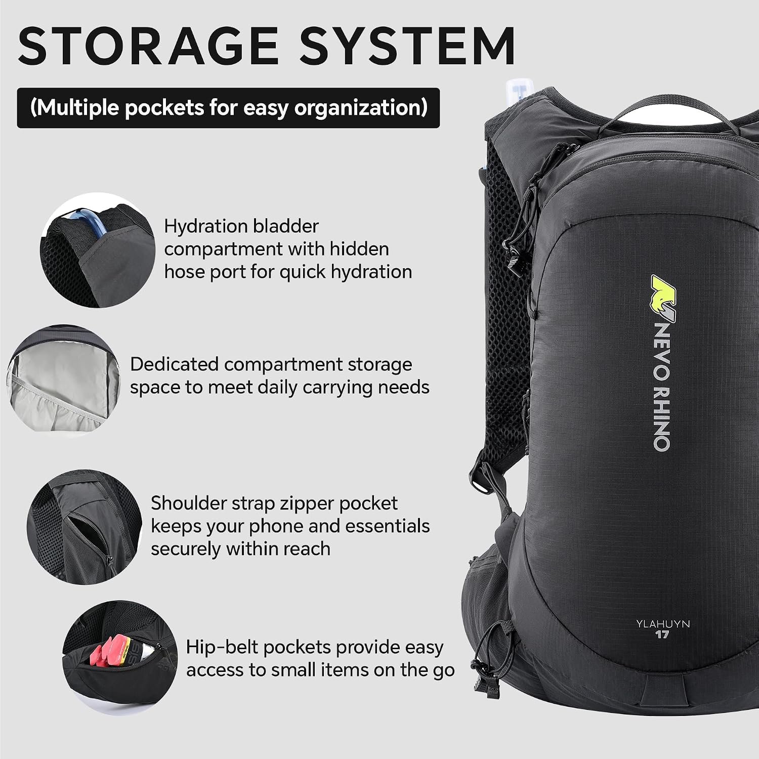 N NEVO RHINO 17L Hydration Backpack, Water Backpack with 500ml Soft Flask - Image 2
