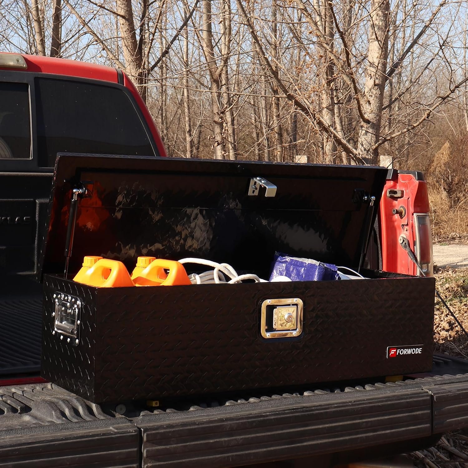 FORWODE 39 Inch Aluminum Truck Tool Box Lockable Truck Bed Tool Box Waterproof Truck Bed Storage Box with Gas Struts & Side Handle Truck Tool Chest for Pickup, Truck Bed, RV, Trailer & Garage (Black) - Image 3