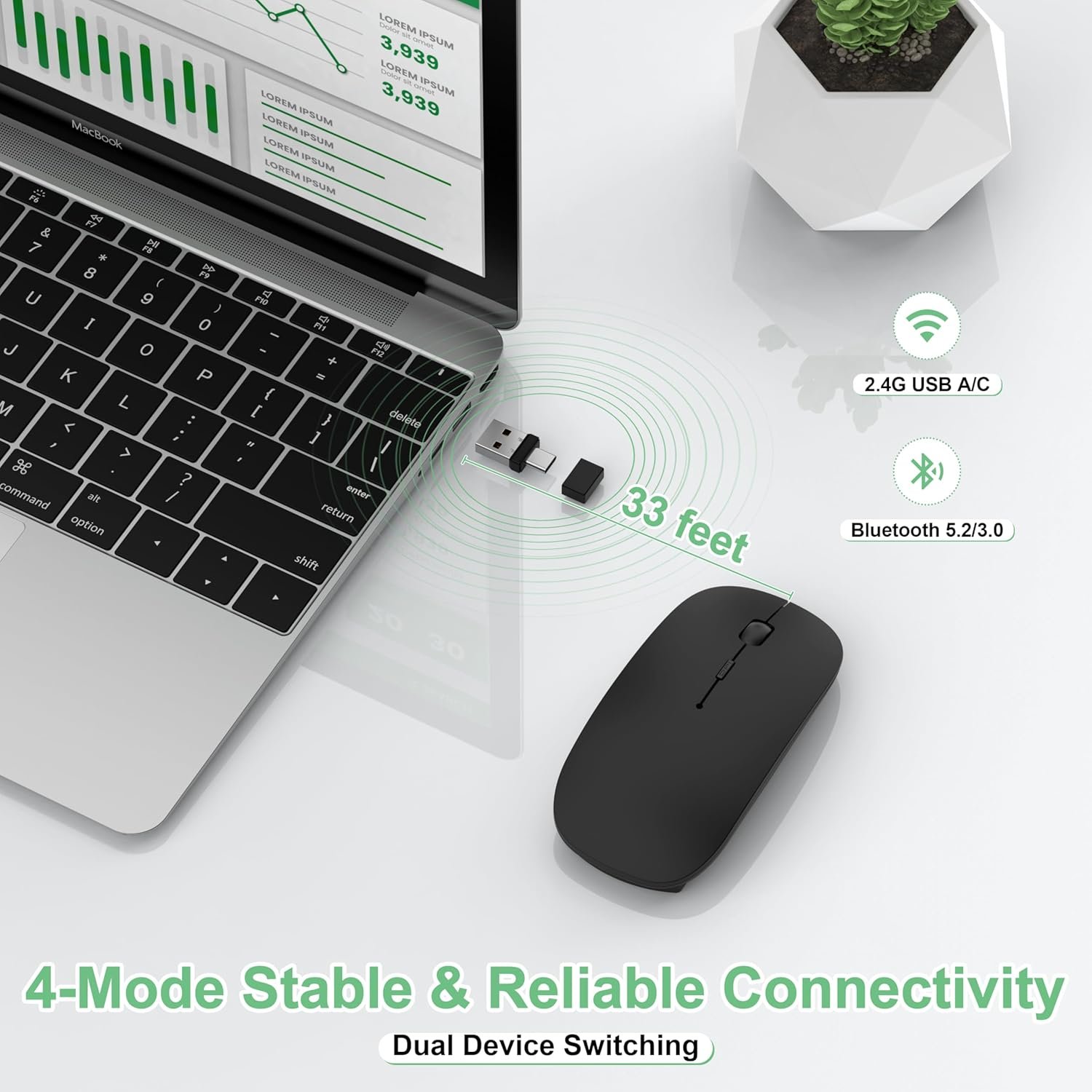 Gizdot-S1 Bluetooth Mouse for Laptop/MacBook Air/Pro & iPad, Wireless Rechargeable Mouse with Type-C, Slim Mouse Jiggler for iMac, 4 Connection Modes, Silent Click, 1600 DPI Compatible Mac OS/Windows - Image 3