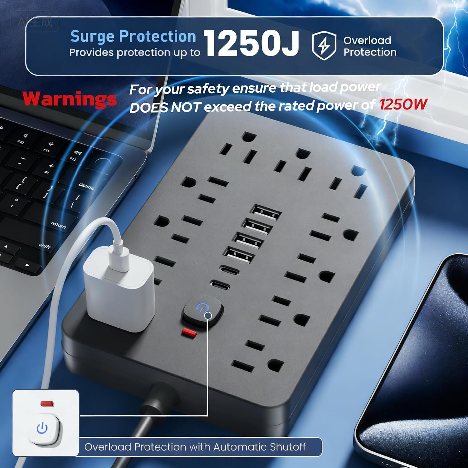6 FT Flat Plug Surge Protector Power Strip,11 AC Outlets with 6 USB Ports - Image 8