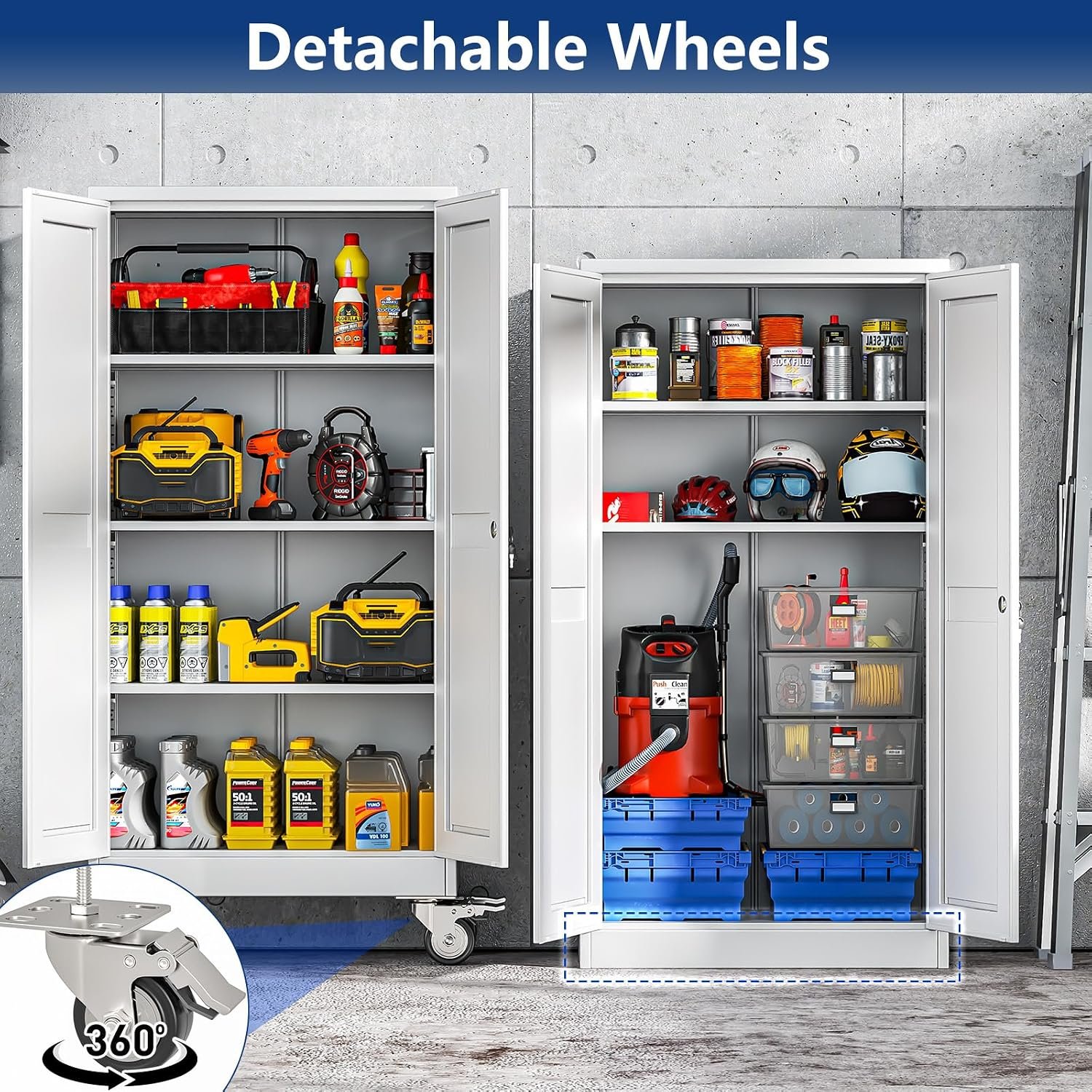 Ckzbx Metal Garage Storage Cabinet with Locking Doors and Adjustable Shelves,61" H Rolling Tool Storage with Wheels for Garage,Office (White) - Image 5