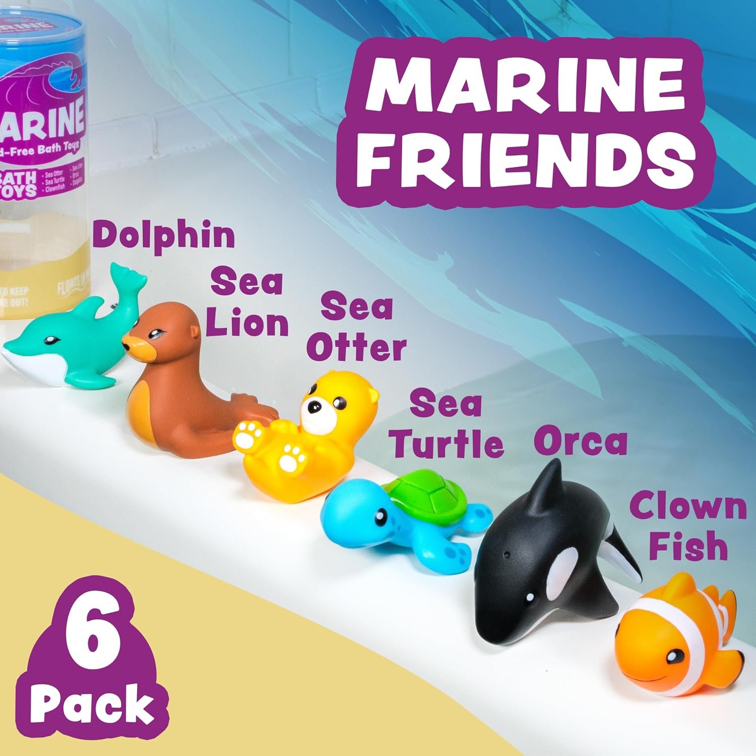 Tub Works® Marine™ Mold Free Bath Toys, 6 Pack | Sealed, No Hole Bath Toys Design Keeps Moisture Out | Soft, Squeezable & Float on Water | Easy-Grip Baby & Toddler Bath Toy Set | Great Baby Pool Toys - Image 3