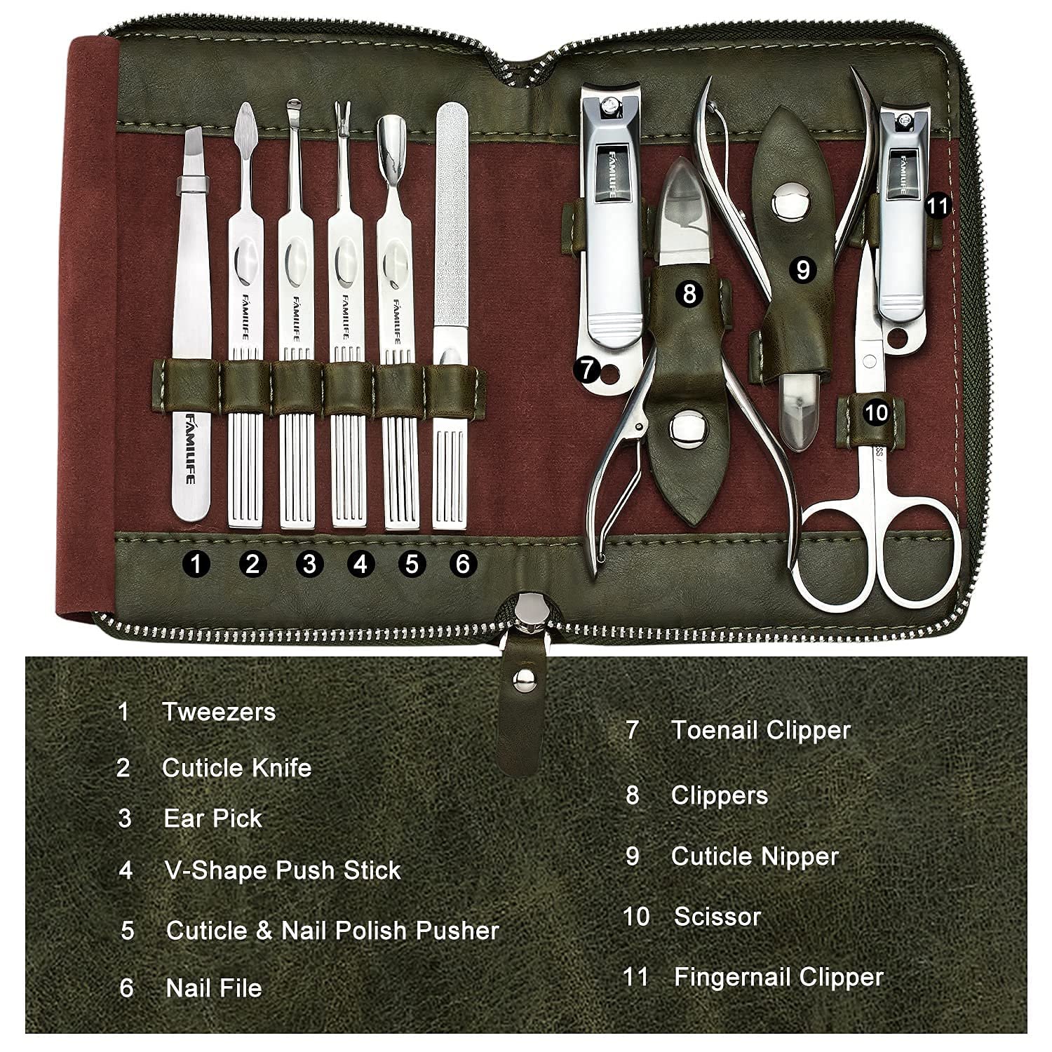 FAMILIFE Stainless Steel Manicure Set 11-in-1 Professional Nail Clipper Kit - Image 5