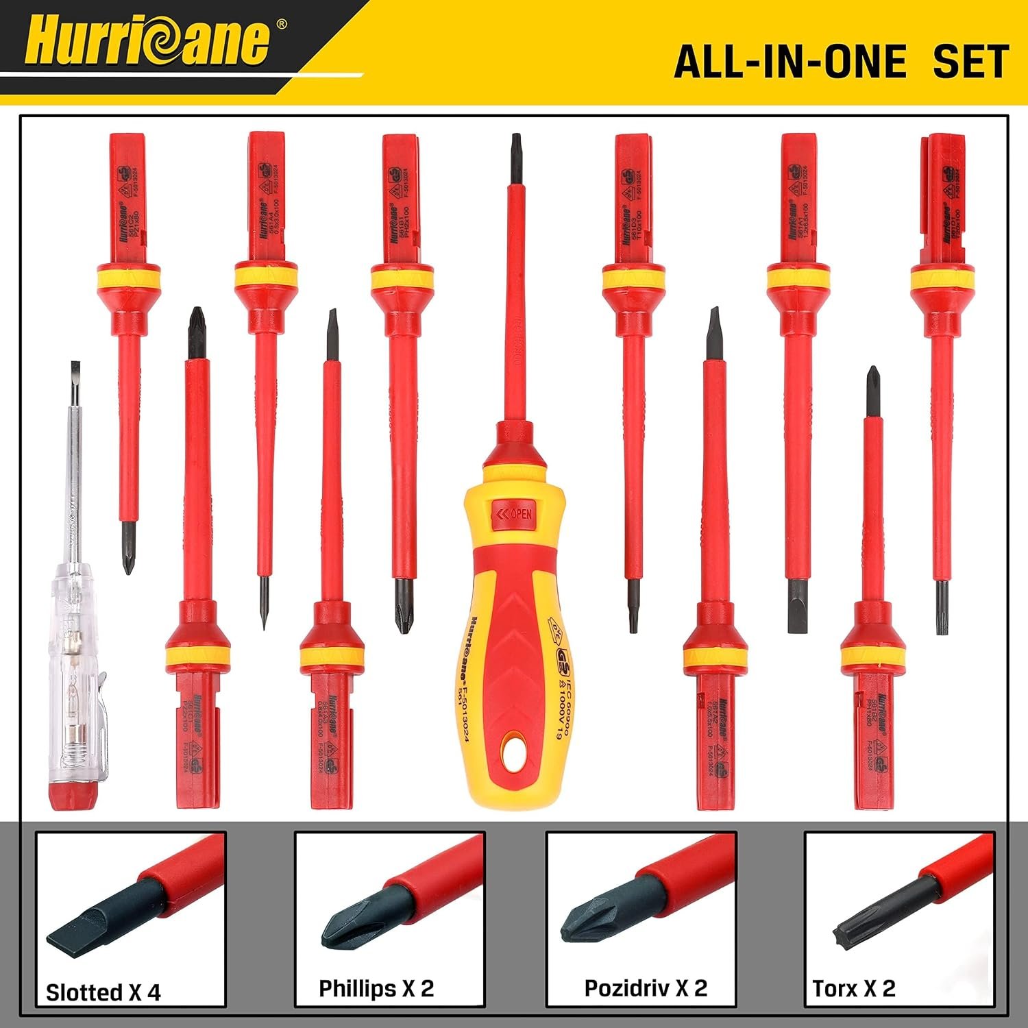 HURRICANE 1000V Insulated Electrician Screwdriver Set, 13 Piece Professional Electrical Screwdriver Set, CR-V Steel Magnetic Phillips Slotted Pozidriv Torx, Insulation VDE & GS Certified Screwdriver - Image 7