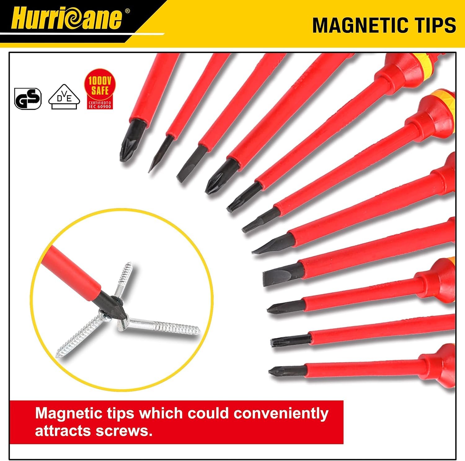 HURRICANE 1000V Insulated Electrician Screwdriver Set, 13 Piece Professional Electrical Screwdriver Set, CR-V Steel Magnetic Phillips Slotted Pozidriv Torx, Insulation VDE & GS Certified Screwdriver - Image 3