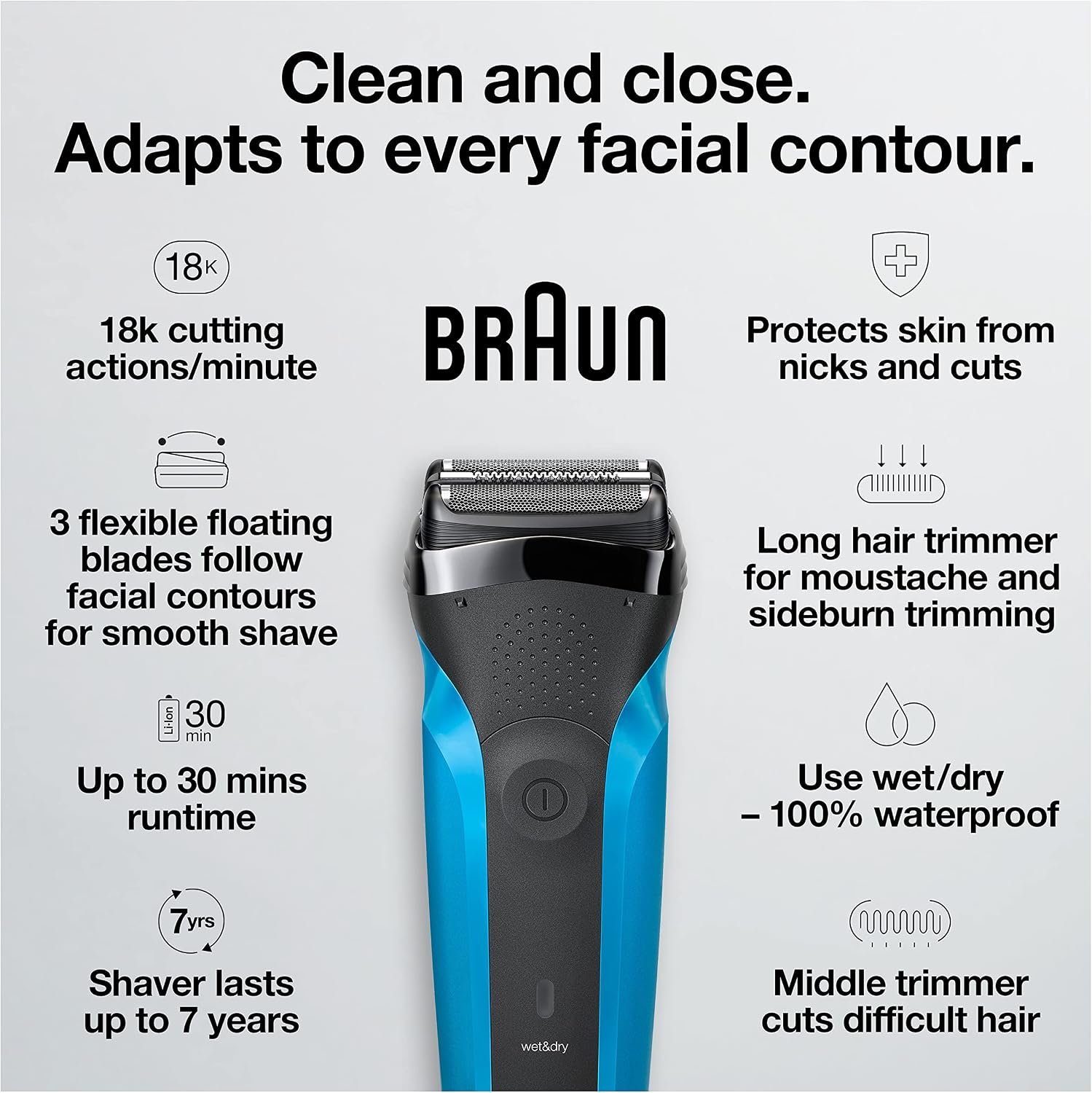 Series 3 3010s Wet & Dry Electric Shaver for Men/Rechargeable Electric Razor, Blue - Image 3