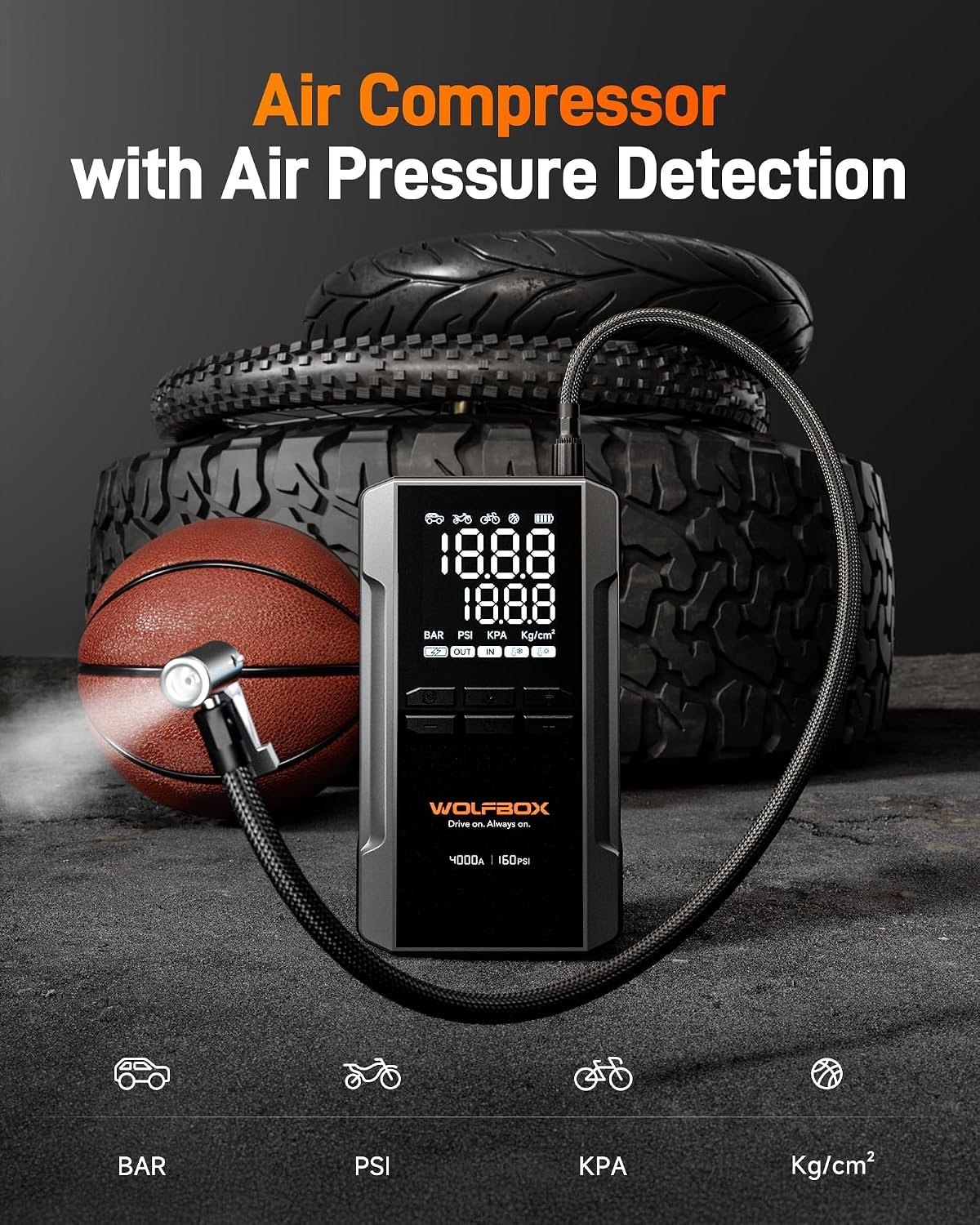 WOLFBOX MV24A 4000A Jump Starter with 160PSI Air Compressor, 12V Car Battery Booster, 88.8Wh Portable Jump Box (10L Gas/10L Diesel) with 65W Fast Charging, Tire Inflator, Jumper Cables, LED Light - Image 4