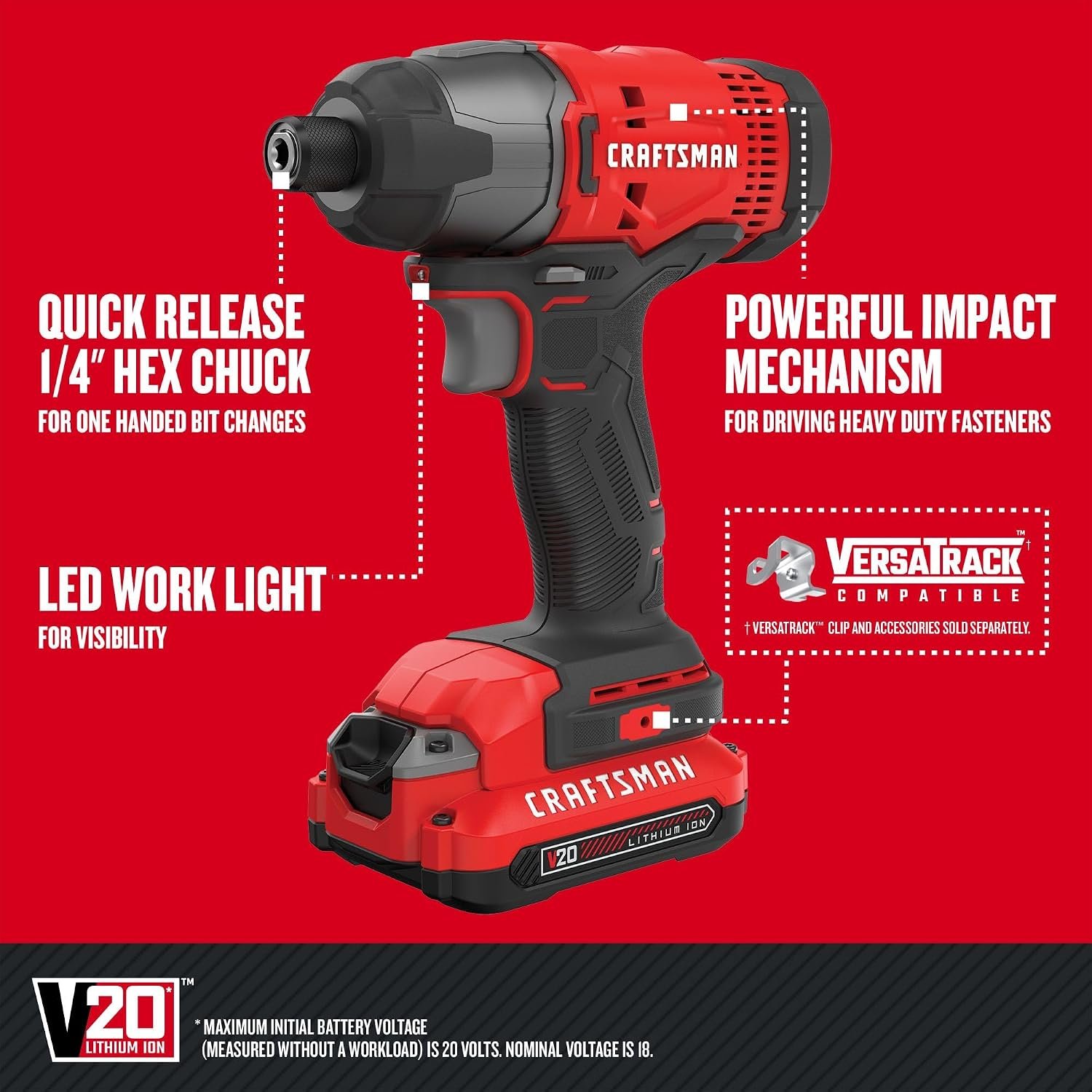 CRAFTSMAN V20 MAX Cordless Drill Driver and Impact Driver Set, Power Tool Set with 2 Batteries and Charger, LED Work Light, 2 Bits, Bag (CMCK200C2) - Image 4