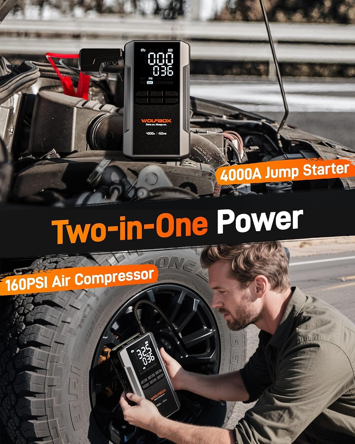WOLFBOX MV24A 4000A Jump Starter with 160PSI Air Compressor, 12V Car Battery Booster, 88.8Wh Portable Jump Box (10L Gas/10L Diesel) with 65W Fast Charging, Tire Inflator, Jumper Cables, LED Light - Image 2