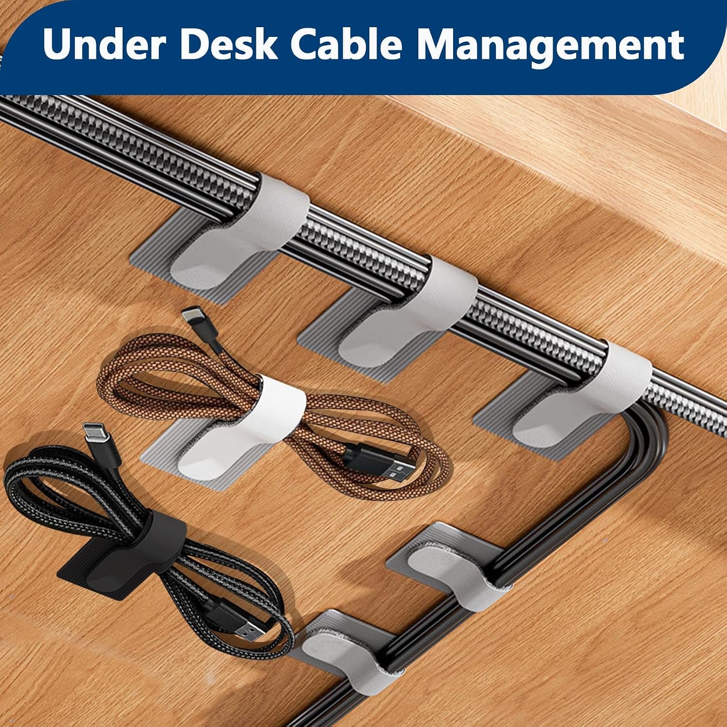 Abnii 50 PCS Hook and Loop Cable Ties, Under Desk Cable Management, White - Image 2